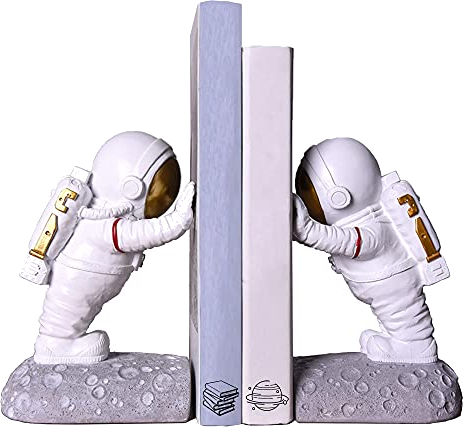 Joyvano Astronaut Bookends - Book Ends to Hold Books - Space Decor Bookends for Kids Rooms - Cool Bookends for Heavy Books - Unique Book Holders with Anti-Slip Base (Gold)
