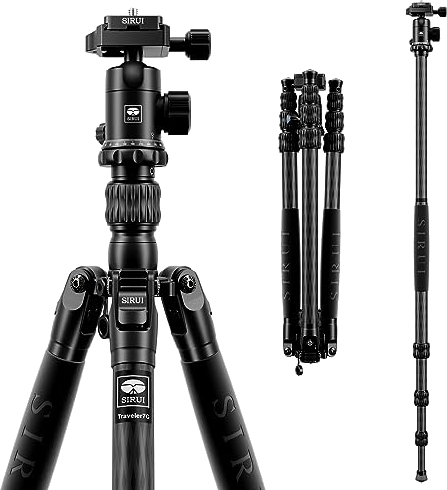 SIRUI Traveler 7C Camera Tripod 65.55 inches Carbon Fiber Arca Tripod with E-10 360 Panorama Ball Head and Arca Swiss Quick Release Plate Load Capacity Up to 17.6lbs, Convertible to Monopod