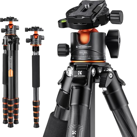 K&F Concept 62-inch Carbon Fiber Camera Tripod,Portable Compact Tripods with Detachable Monopod,360 Metal Ball Head 15KG/33lbs Load Capacity with Quick Release Plate for Travel and Work A255C2+BH-...