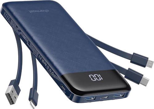 charmast Portable Charger with Built in Cables, Power Bank with Cords Wires, Slim 10000mAh Travel Battery Pack 6 Outputs 3 Inputs 3A Fast Charging for Samsung Google Pixel LG Moto iPhone iPad