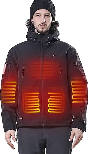 DEWBU Heated Jacket for Men with 12V Battery Pack Winter Outdoor Soft Shell Electric Heating Coat, Men's Black, L