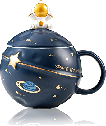 Kawaii Astronaut Cup Space Embossed Planet Mug, Cute Ceramic Coffee Mug, Novelty Mug with Lid and Spoon for Coffee, Tea, Milk, Aesthetic Room Decor Funny Gift Birthday for Girl Boy Women (Dark blue)