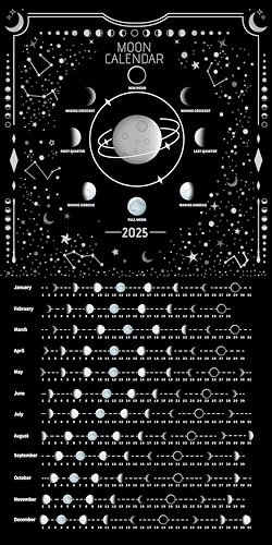 Moon Calendar 2025 Lunar Phases, Hangable MoonLight Wall Poster, Full Moon Tracker Wall Art, Moon Lover Gifts, Astrology Decorations, and Celestial Calendar, Black