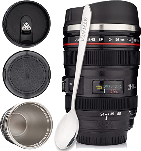 STRATA CUPS Camera Lens Coffee Mug -13.5oz | (2 LIDS + SPOON + BAG) Gifts for Him, Dad Gifts, Photography, Camera accessories, Novelty Gifts, Gifts for Him