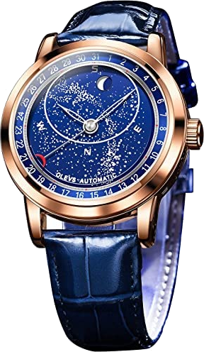 OLEVS Men Automatic Watches Starry Sky Moon Phase Blue Leather Luxury Rose Gold Dress Waterproof Luminous Wrist Watches