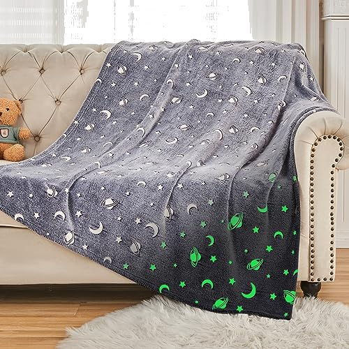 SOCHOW Glow in The Dark Throw Blanket 50 x 60 Inches, Galaxy Stars Pattern Soft Cozy Flannel Fleece Blanket for Sons Daughters, All Seasons Grey Presents Blanket for Preteens Teens
