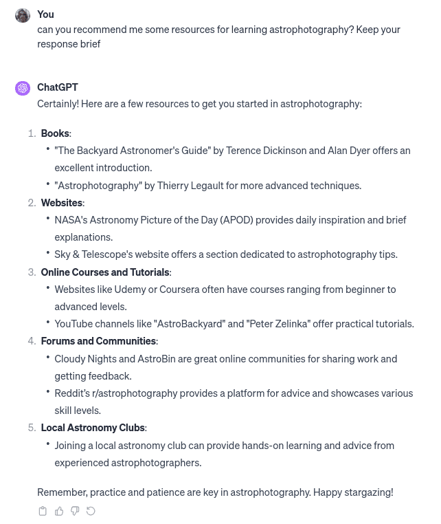 chatgpt astrophotography learning resources