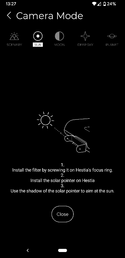 using hestia solar pointer to find sun