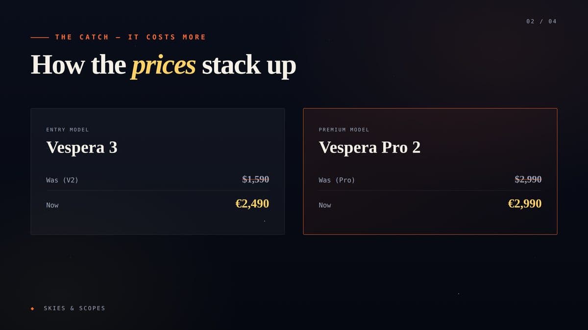 Price comparison: Vespera 3 at €2,490 (was ,590) and Vespera Pro 2 at €2,990 (same as before)
